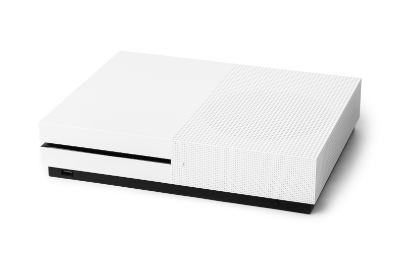 Eine weiße Spielkonsole isoliert auf weißem Hintergrund.